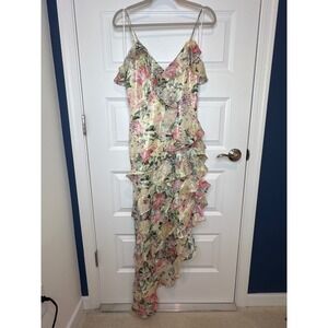 Dress The Population Josefina Metallic Floral Ruffle Gown Pink Gold Small